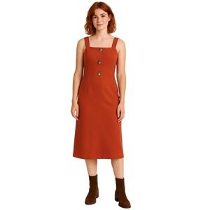 Zara Burnt Orange Overall Dress Fall Midi Button Front Chic Medium Cottage